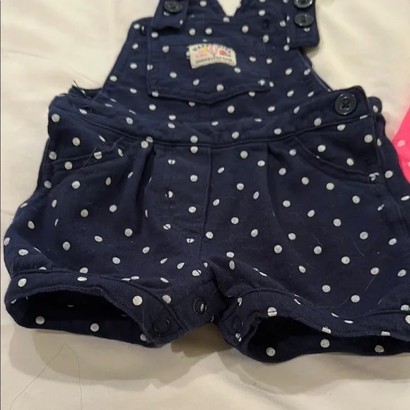 OshKosh B'gosh Pink Polka Dot overall dress and carters shorts overalls. - Picture 3 of 11